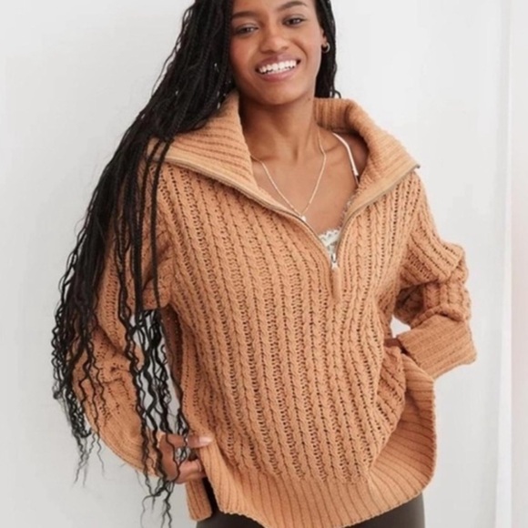 aerie Sweaters - Aerie cable car oversized knit sweater quarter 1/4 zip soft oversized tan size S
